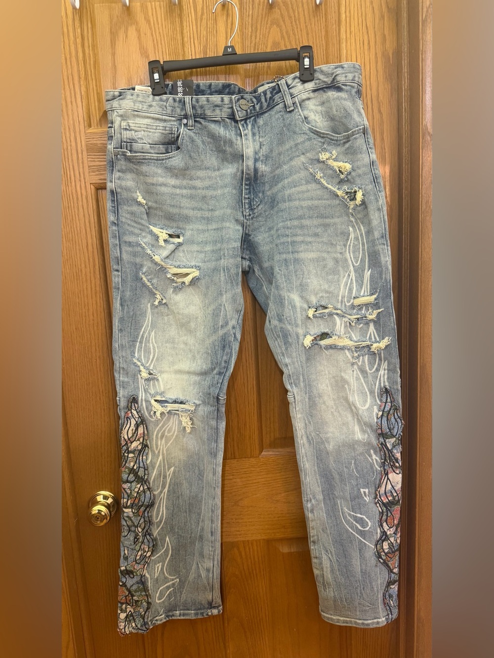 NWT SMOKE RISE NY Distressed Men's Floral Embroidered Patchwork Jeans Sz 38
